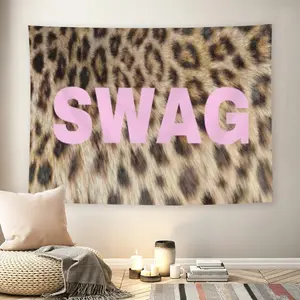 SWAG Pink Leopard Print Wall Flag, Bold Streetwear Slogan Tapestry, Mid-century Modern Grunge Room Decor for Adult Fans, Cheetah Pattern Attitude Vibe Wall Hanging