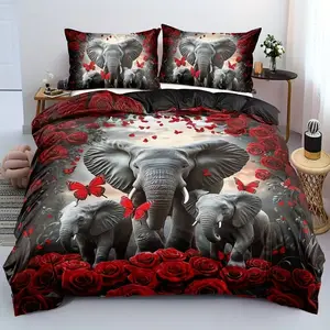 3pcs Valentine's Day Romantic Rose and Elephant Print Duvet Cover Set, Soft Comfort Bedding, Includes 1 Duvet + 2 Pillowcases, Decorative Bedding, Romantic Theme, Bedroom Bedding