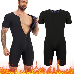 Men's Sweat Sauna Bodysuits Body Shaper Exercise Training Shapewear Sports Athletic Jumpsuits Stretchy Breathable Menswear Shirt Garment Clothes Fabric Fitted Trainer Compression Zipper Gym Fitness Outfit
