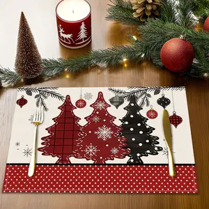 4/6pcs Christmas decorative placemats, water buffalo checkered snowflake Christmas tree patterned plate mats, winter Merry Christmas Cedar Forest printed table anti slip insulation mats, party restaurant desktop decorations, Kitchen Decorative Placemat