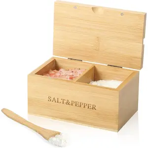 DLUGOPIS Bamboo Salt Box with Lid and Spoon 20 oz Salt Cellar Bowl Box Bath Salt Containers Salt Storage Wooden Spice Box 2-Compartment Salt Pepper Bowls 5.7 x 3.4 x 3 In For Sea Salt Herbs Seasoning