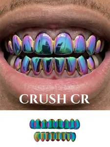 CRUSH CR Retro Cyberpunk Futuristic Iridescent Grillz Set for Men Women, High-Gloss Polished Finish, Hypoallergenic Removable, Ideal for Retro Tech-Themed Parties, 90s/00s Throwback Events, Cyber Goth Gatherings Urban Culture Festivals