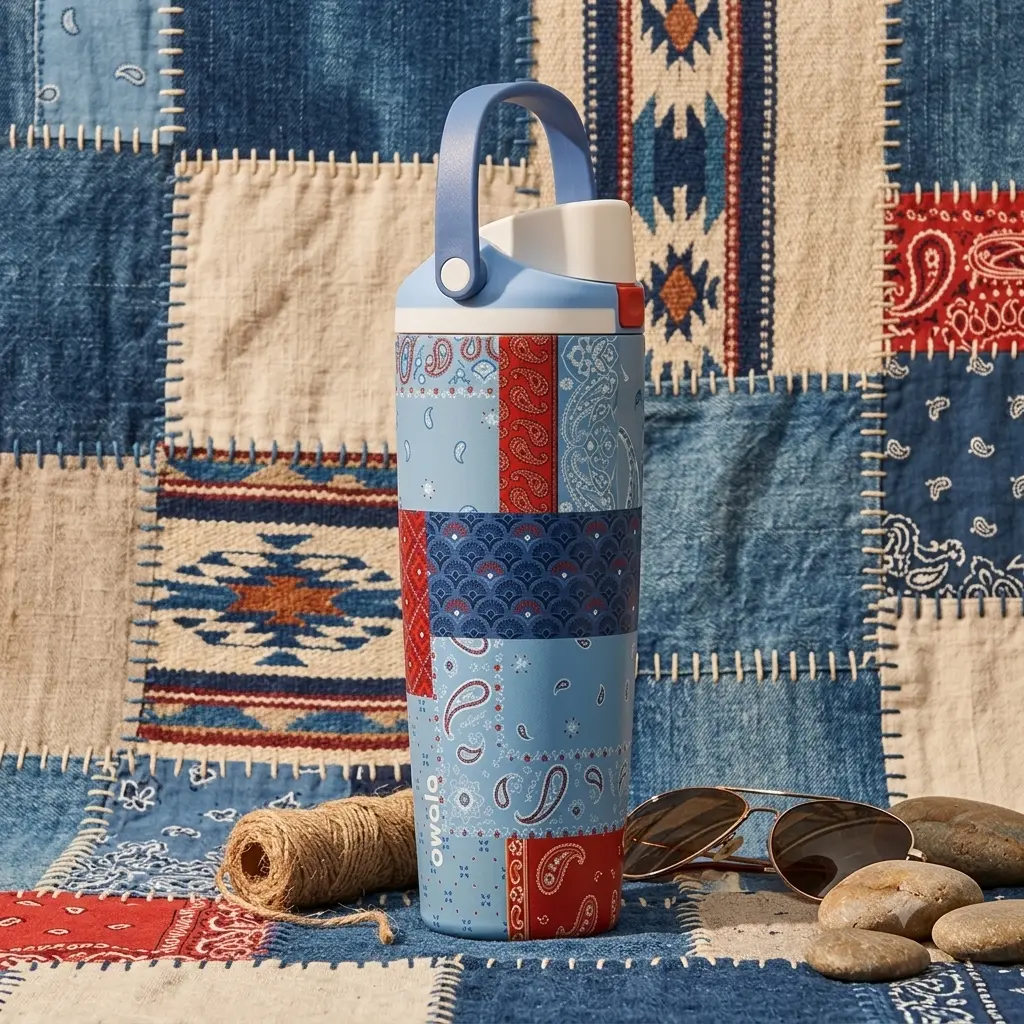 Owala FreeSip Sway 30oz Triple-Wall Ergonomic Gym Jug, Limited Edition Common Threads Color Drop Artisanal Woven Textile Pattern Mosaic Stainless Steel Sports Flask