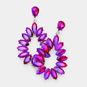 Red AB Marquise Stone Cluster Open Teardrop Dangle Pageant Earrings on Silver | 551890