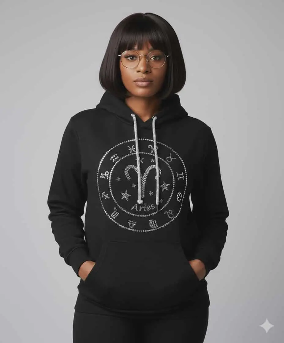 Aries Rhinestone Zodiac Hoodie Unisex Bling Astrology Pullover with Crystal Wheel Design Soft Premium Black Fit for Everyday Wear