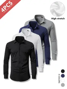 4-Pack Men’s Long Sleeve Shirts – High Stretch, Wrinkle-Resistant, Slim Fit, Business Casual Suit Style, FathersDayGift