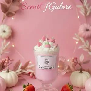 ScentOfGalore Strawberry Milkshake Scented Candle with Whipped Cream and Fresh Strawberries in Glass Mug