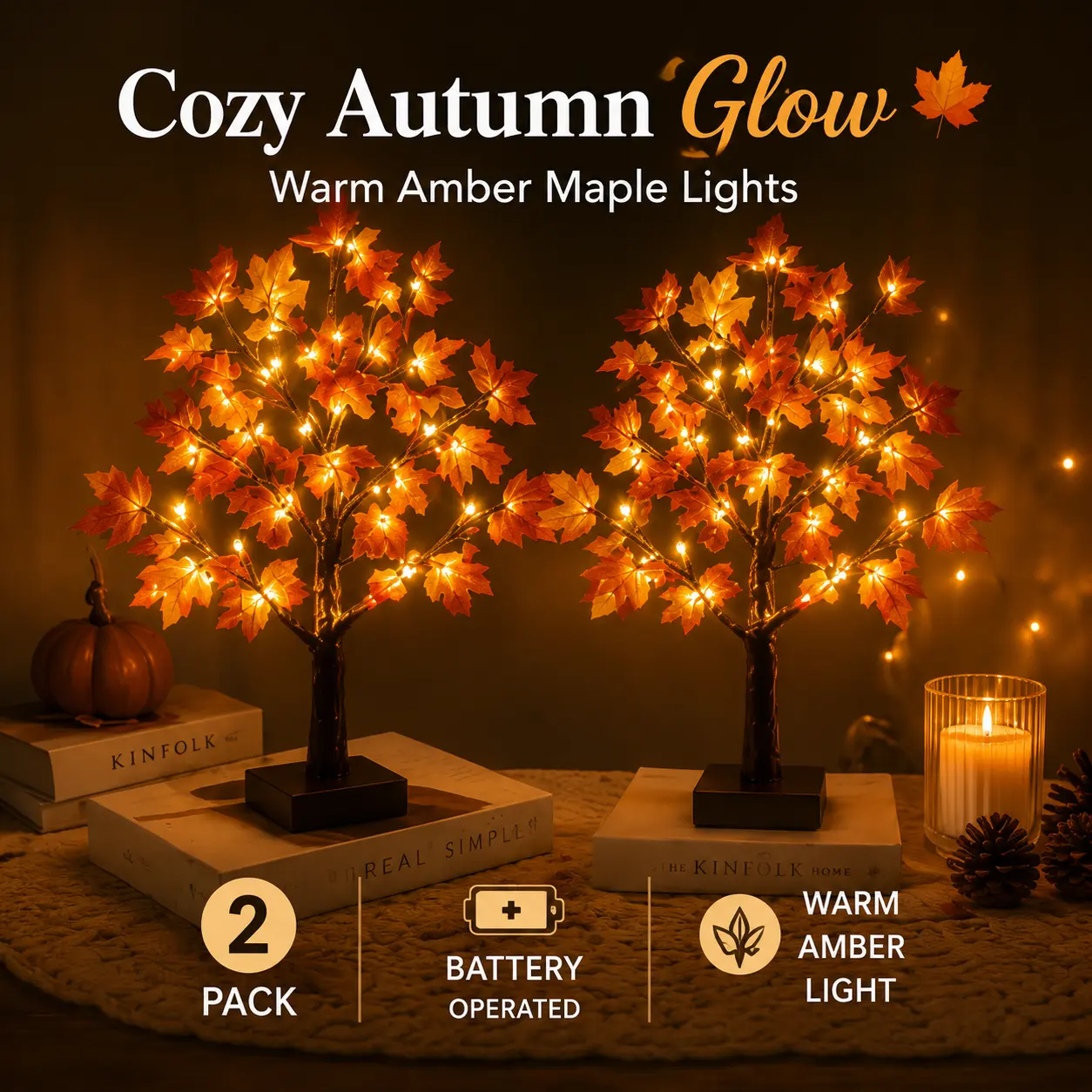 2-Pack Battery-Powered Warm White LED Maple Tree Bonsai Lamps - Autumn Leaf Decor for Thanksgiving, Bedroom Tabletop Home Lighting Accessories