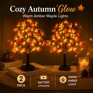 2-Pack Battery-Powered Warm White LED Maple Tree Bonsai Lamps - Autumn Leaf Decor for Thanksgiving, Bedroom Tabletop Home Lighting Accessories