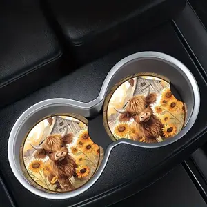 Car Coasters, Sunflower & Highland Cow Pattern Car Cup Holder Coaster, Car Interior Decoration Accessories for Women & Men, Car Interior Accessory