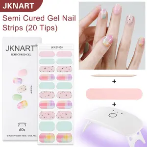 DIY Nail Art Kit, 20 Semi-Cured Gel Stickers + Portable UV Lamp, Home Use, Requires UV/LED Light, Soft Gel Nails Decorations