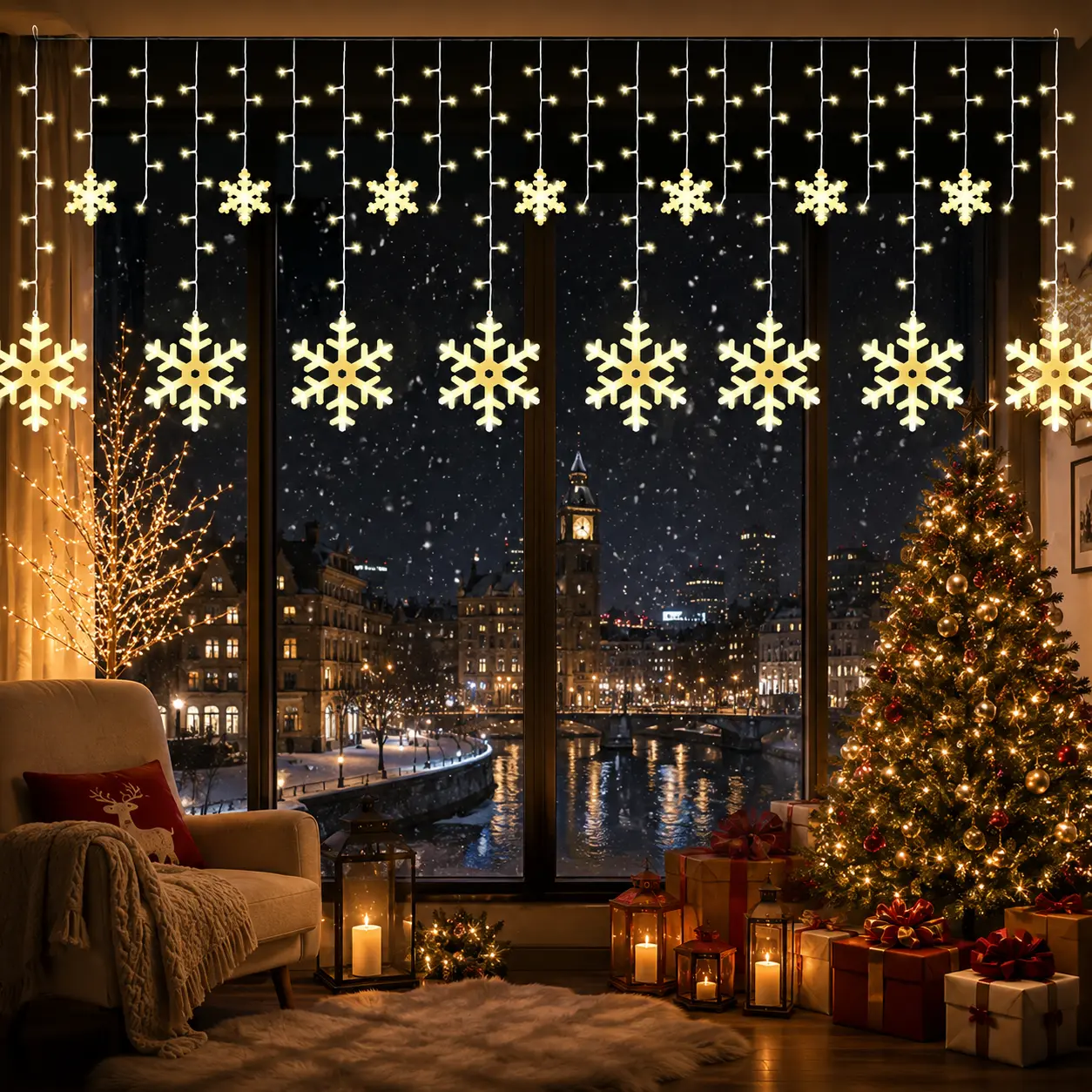 11.5Ft 158 LED Snowflake Christmas Lights | Warm White Battery Operated Curtain String Lights, Batteries Not Included, Connectable for Indoor Outdoor House Eaves, Window, Porch & Tree