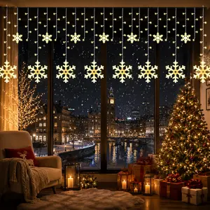 11.5Ft 158 LED Snowflake Christmas Lights | Warm White Battery Operated Curtain String Lights, Batteries Not Included, Connectable for Indoor Outdoor House Eaves, Window, Porch & Tree