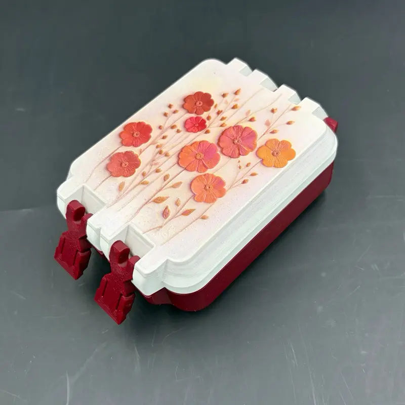 Cute Embossed Floral Storage Box | Soft Red Flowers on Cream with Burgundy Base