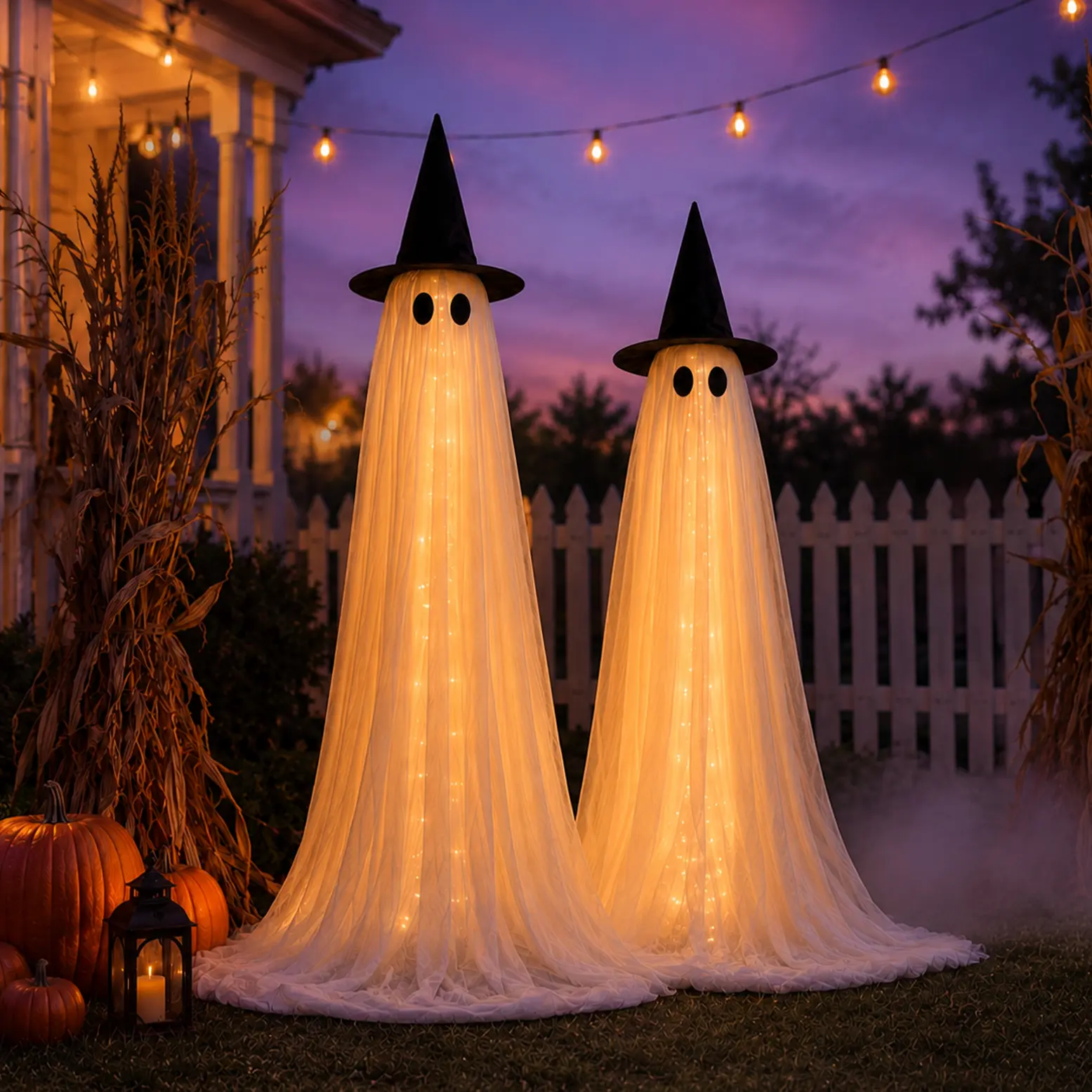 5Ft Halloween Decorations Outdoor Indoor, 2 Packs Wind-resistant Ghost Decor with String Lights, Scary Door Decoration Outside Euipped Waterbags & Hats, Ideal for Party Porch Yard Garden Lawn Ornaments