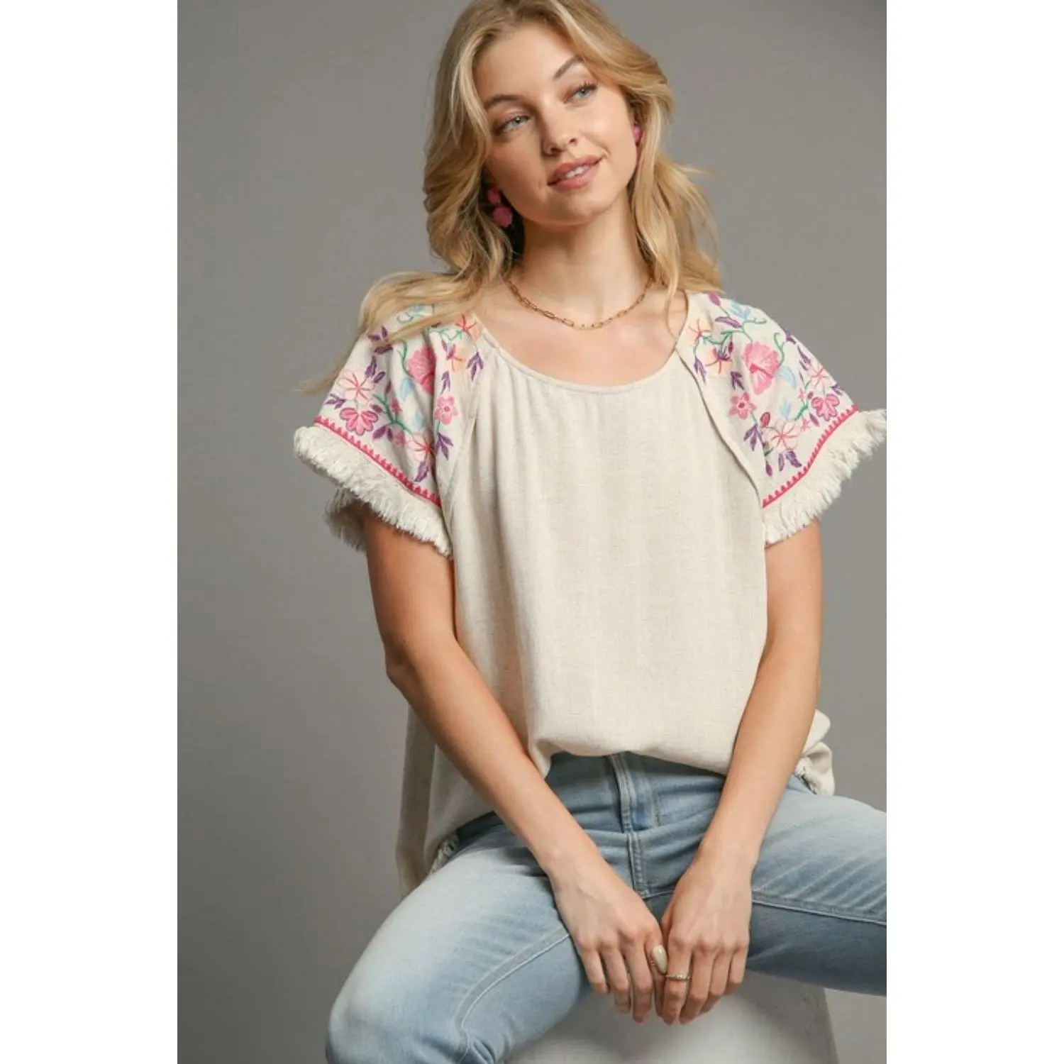 Umgee Full Size Linen Round Neck High Low Hem Frayed Top Plus Size