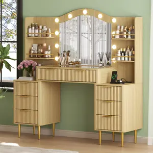 55” Wide Fluted Makeup Vanity Desk with Mirror, Vanity Table with Glass Top, Power Outlet and 11 Lights, Large Vanities with 8 Drawers & 4 Shelves, Women’s Dressing Vanities vanity desk