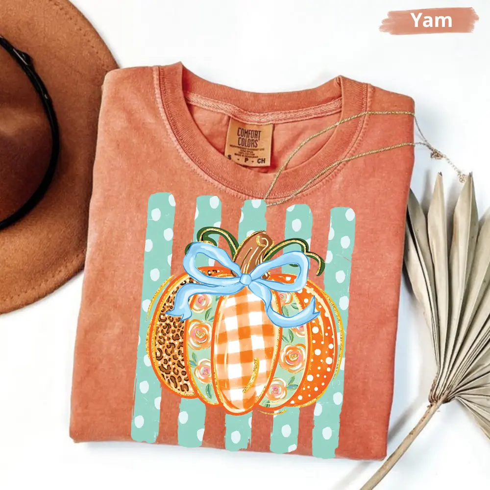 Comfort Colors Striped Preppy Fall Pumpkin Glitter T Shirt, Floral Pumpkin Bow TShirt, Trending Cozy Season T-Shirt, Coquette Autumn Graphic Tee, Pumpkin Spice Gift