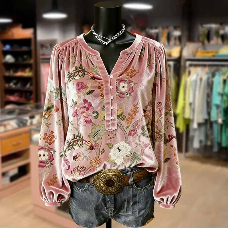 Cherrybetty Vintage Floral Print Long Sleeve Velvet Top Elegance Soft Cute Fall Outfits Women's Clothes Going Outfits Womenswear
