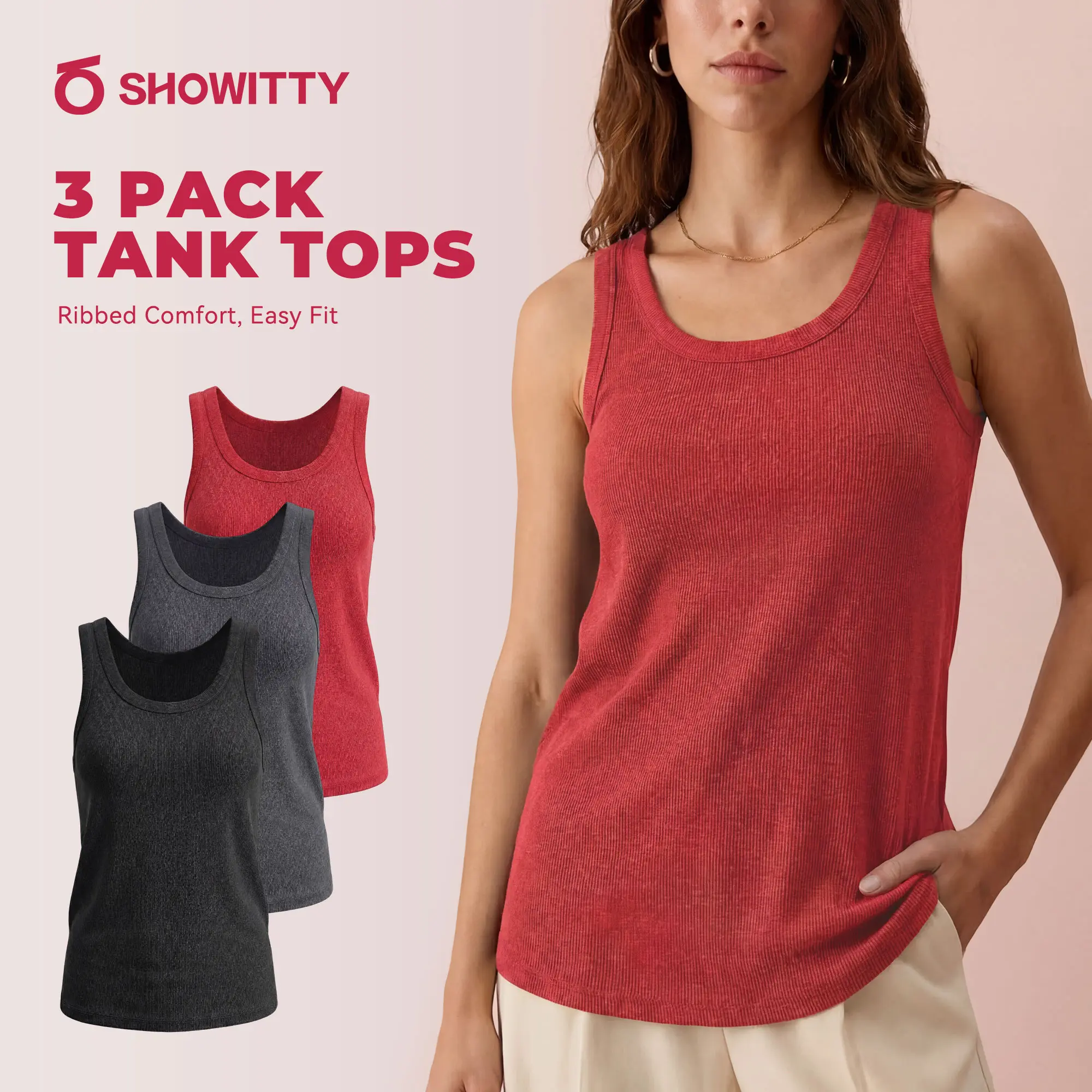 Showitty Women's 3-Pack Casual Ribbed Tank Tops, Sleeveless Crew Neck Polyester Blend Shirt with a Relaxed Fit and Draped Silhouette, Simple, Basic Tops, Breathable Ribs, Everyday, Black/ Red/ Dark Grey