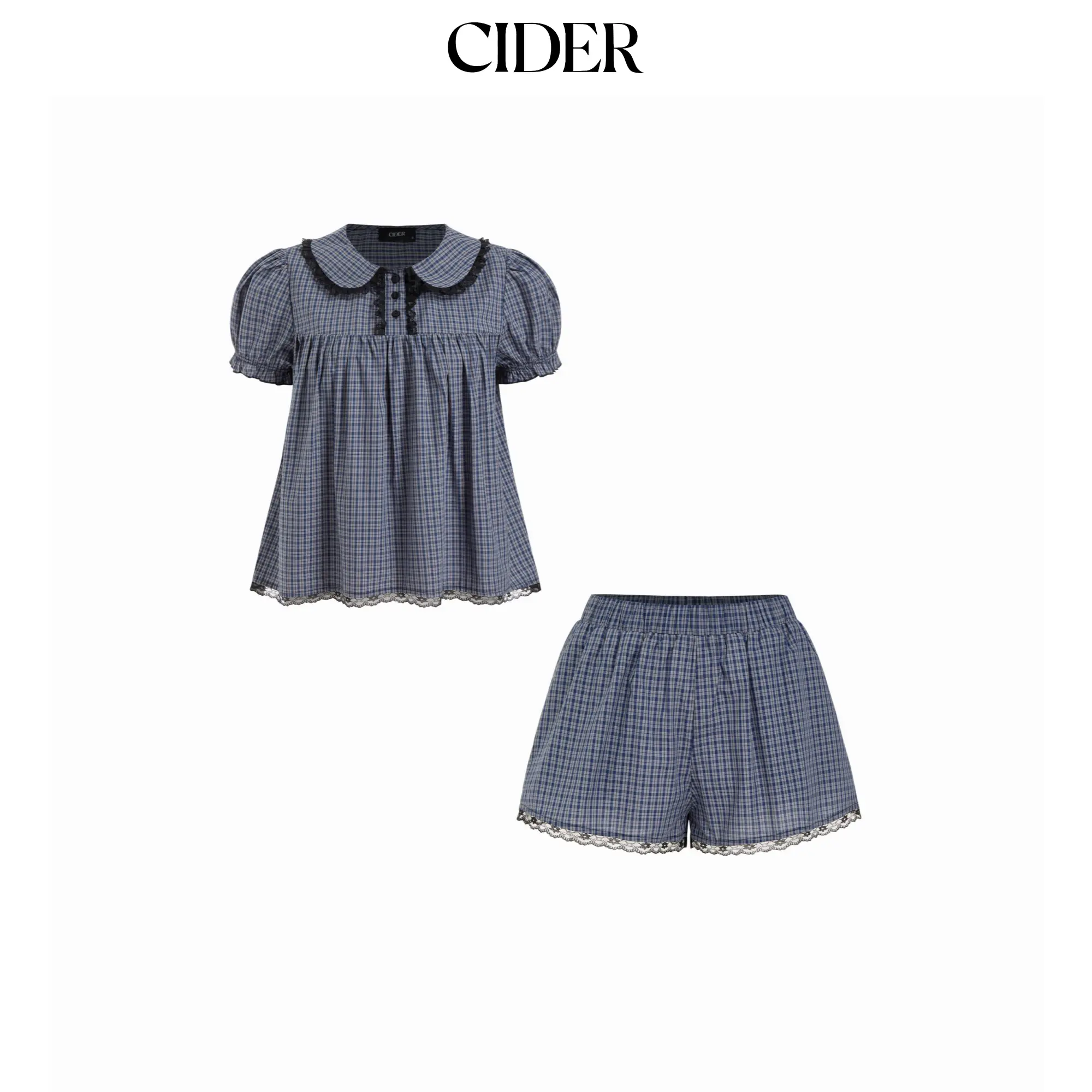 Cider Women's Casual Fashion 2-Piece Plaid Matching Short & Top Set - Gingham Peter Pan Collar Oversized Top, Mid Rise Lace Trim Straight Leg Shorts Clothes, Plaid Matching Short & Top Sets, Top & Shorts Set