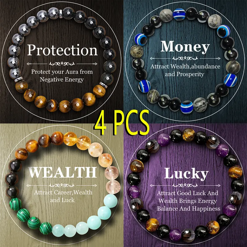 Unisex 4-Pcs Exquisite Bohemian Beaded Bracelets-Bangles, Tiger Eye & Colorful Crystals Grounding Adult Jewelry, Brings Energy Balance, Attracts Career & Wealth, Protects From Negativity, For Daily Wear