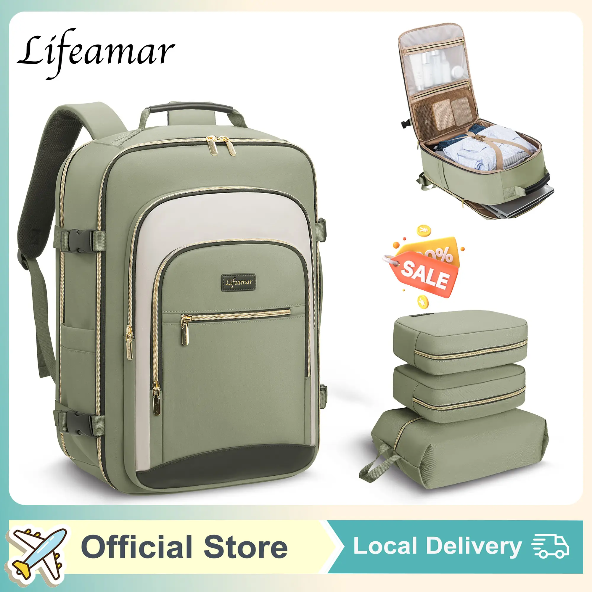 LIFEAMAR 【Buy 1 get 3】Carry Luggage & Travel Bag Colorblock Carry-On Travel Backpack with 3 Packing Cubes and Laptop Compartment -Personal ltem,TSA-Fr
