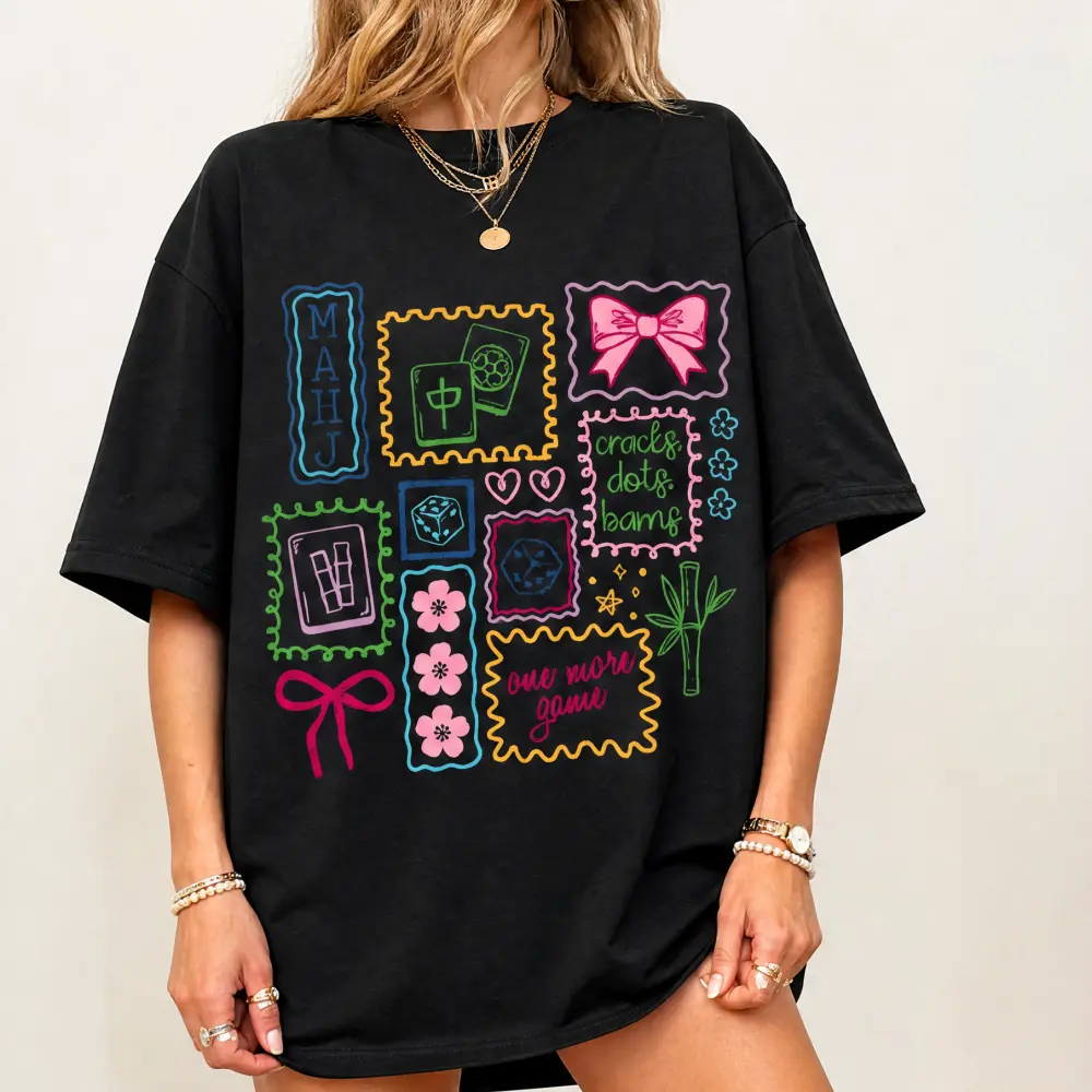 Women's Oversized Crew Neck Short Sleeve T-Shirt - Breathable Fabric, Mahjong Stamp Collage Graphic, Unisex Board Game Lover Streetwear Top (Pairs with Joggers, Cardigans, Jeans)