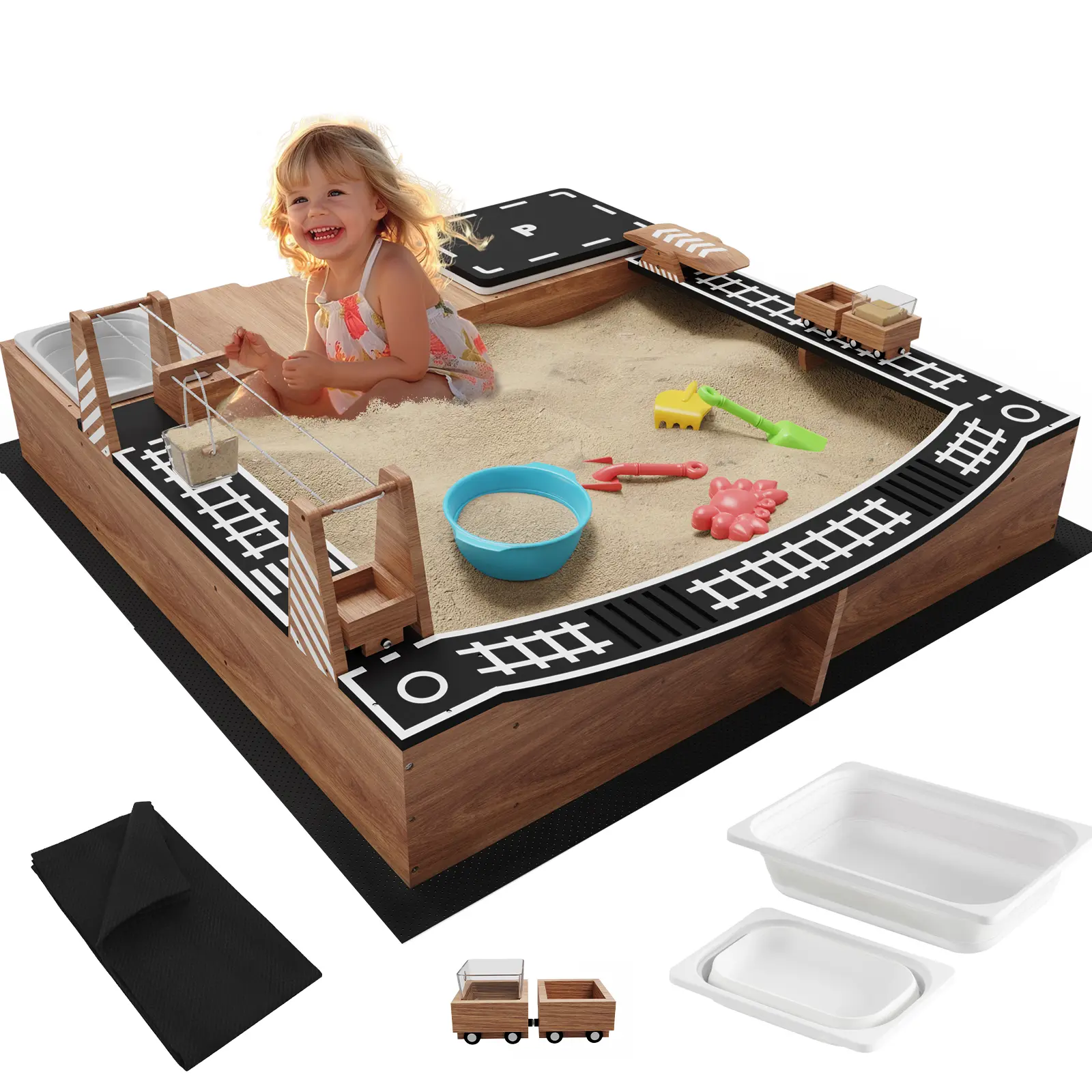 IDEA FAMILY Wooden Sandbox for Kids, Outdoor Sand Box with Bench