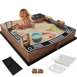 IDEA FAMILY Wooden Sandbox for Kids, Outdoor Sand Box with Bench