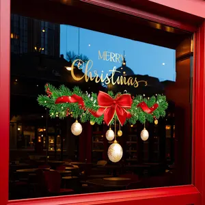 Christmas Glass Window Decal, Pine Wreath, Bow, Christmas Ornaments, PVC electrostatic adsorption decal, suitable for glass doors of shopping malls and shops, and decorative glass stickers for holiday atmosphere of balcony windows.