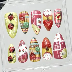 Ladybug Cottagecore Press On Nails | Strawberry Garden Tips Fake Nails | Cute Ladybug Nail Art | Plaid Picnic Kawaii Nails