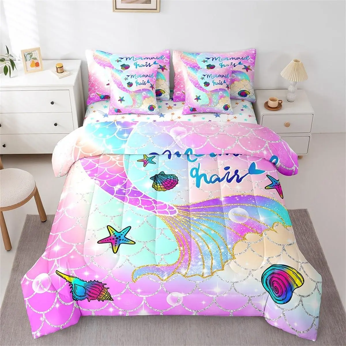 Mermaid Comforter Set with Sheets Kids Girls Rainbow Colorful Mermaid Tail Bed in a Bag Cute Stars 7 Piece Bedding Set Sparkle Fish Scale Bedroom Decor All Season