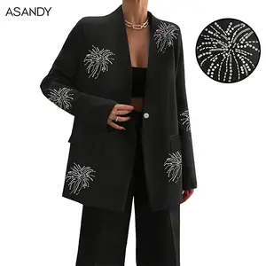 ASANDY   Sparkling Fireworks  Rhinestone Design Blazer Jacket - Women's Party Suit Coat for 2025, Fashionable Night Out Attire-Oversize