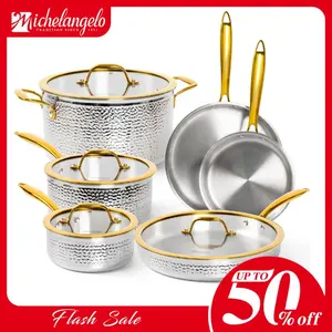 Michelangelo Triply Stainless Cookware Set 10 Piece Hammered Stainless Steel Pots Saucepans and Pans with Golden Handle and Lids Premium Induction Kitchen Cookware Oven Safe Easy To Clean