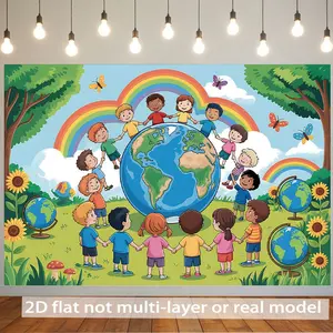 2D Flat, 2D Flat Banner 1pc, Children Holding Hands Around the Earth, for Family Party Events, Wedding, Birthday Party, Coming-of-age, Ceremony, Christmas, Thanksgiving, Four Season, Entryway, Room Decor, In