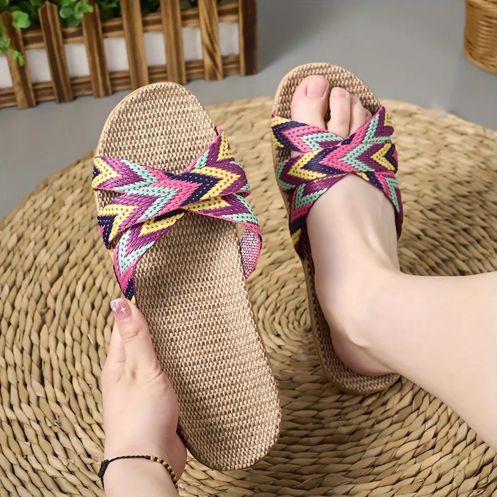 Women's Striped Flax Slip-On Slippers - Comfortable Slip, Breathable Fabric, Summer Fashion, EVA Sole, Indoor/Outdoor Flat Shoes, 515 Purple Kitchen Footwear
