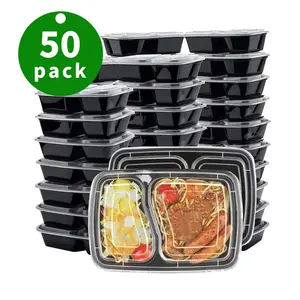 50 Pack Disposable Dining Utensils Takeaway Box 28oz Two Compartment Takeaway Box 50 Microwavable Meal Prep Containers 2 Compartments with Transparent Lids Black Food Grade PP Food Container BPA Free