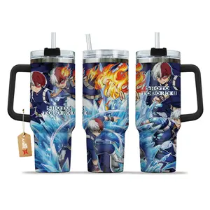 STORMMECH- Todoroki 40oz Handle Tumbler – MHA Stainless Steel Travel Mug, Anime Inspired Vacuum Insulated Cup, Large Iced Coffee Tumbler, Manga Fighter Drinkware, Otaku Gift for Him Her