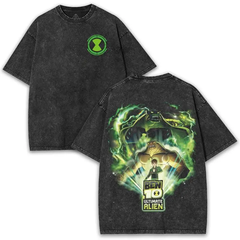 Ben 10 Trippy Cartoon Graphic Tee featuring Alien Hero in Psychedelic Colors on Oversized Washed Cotton. Glitch Out with Galactic Chaos streetwear style.