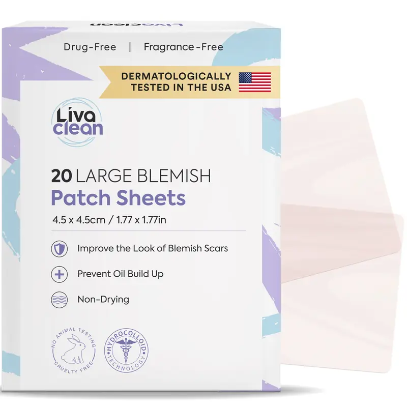 LivaClean 20CT Large Hydrocolloid Acne Patches for Pore Spots Nose Face Cystic Pimple Zit Patch XL Size Hydrocolloid Bandages Strips Stickers Acne Patch