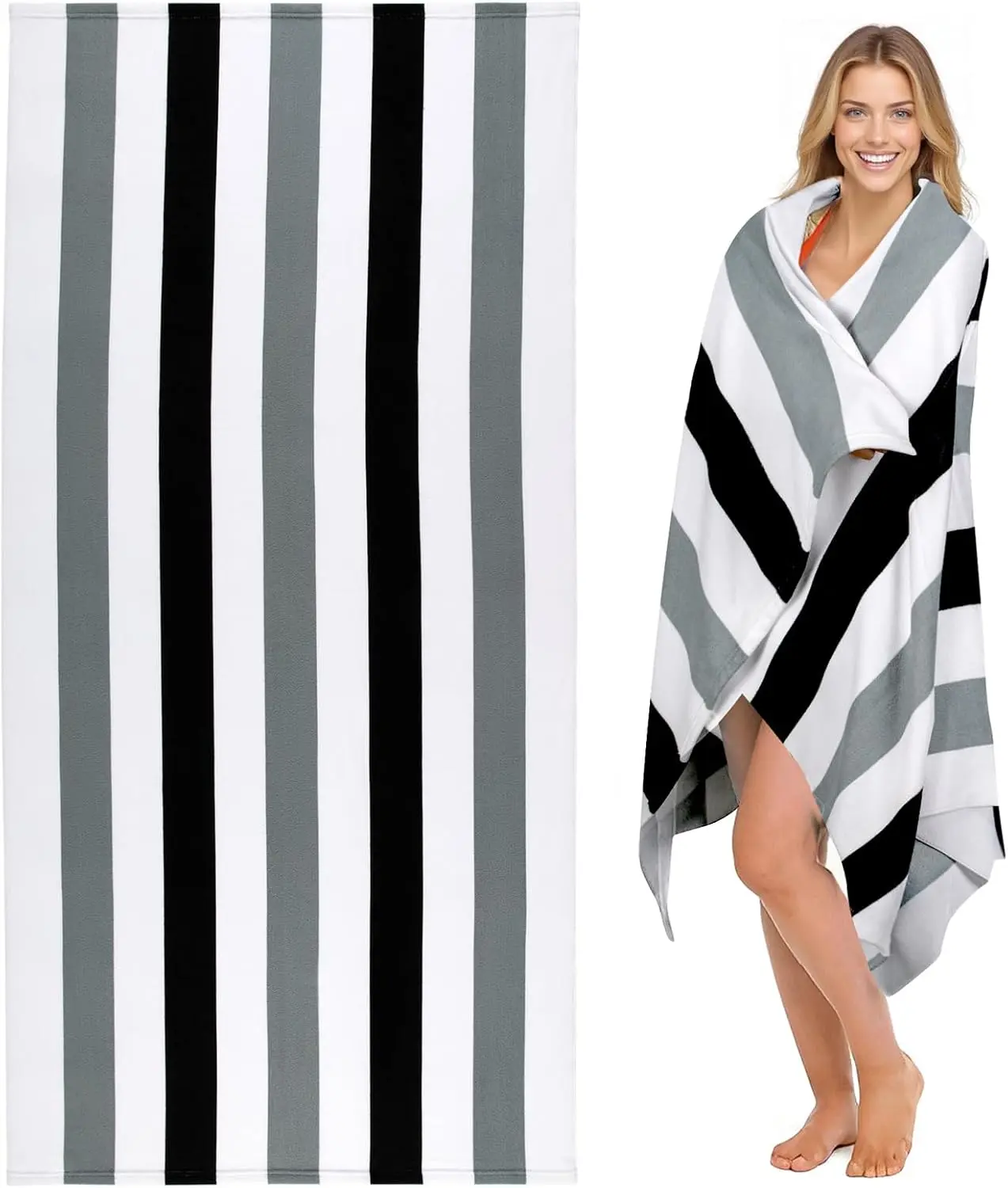 Large Oversized Beach Towel - Microfiber Sand Free 35 x 70 Inch Quick Dry Lightweight Pool Towel for Adults, Thin Striped Swim Towel
