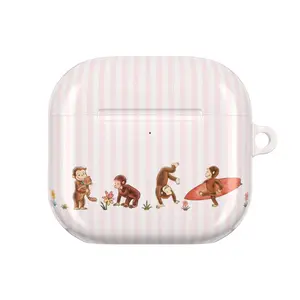 Curious George Playful Surf AirPods Case, Striped Beach Theme Earbuds Cover, Cute Retro Cartoon Summer Case for AirPods 1 2 3 4 Pro