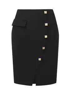 INSPIRE CHIC Women's Knee Length Skirt Button Decor Slit Work Formal Pencil Skirts