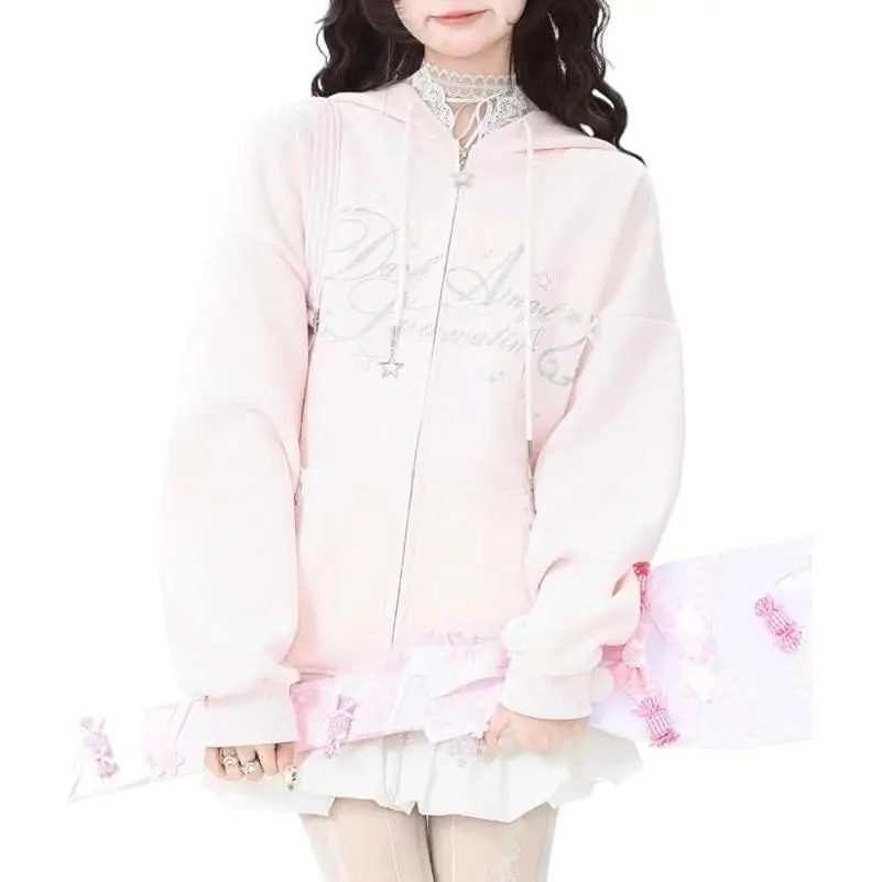 Xojbzoo Y2K Zip Up Hoodie – Cute Bow & Lace Trim Oversized Sweatshirt for Women with Lace Pockets, Casual, Long Sleeve