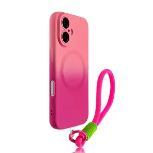 Magnetic gradient color+wrist strap suitable for Apple/iPhone 17 16 15 14 3 12 Promax Plus Air compatible with MagSafe wireless charging mirror color Protective soft shell phone protection case holiday gift Cover Accessories