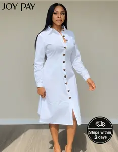 JOYPAY Women's Plus Size Curvy Button-Down Shirt Dress - Long-Sleeves, Breathable, Polyester, Elegant Casual, Flattering Fit, Minimalist Collared, Slit Hem Detail