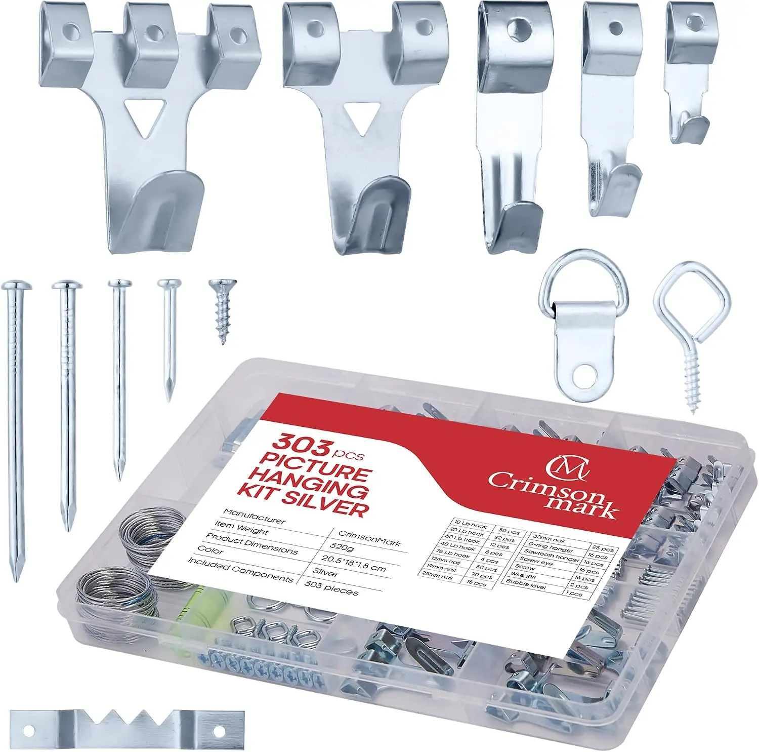 CrimsonMark 303-Piece Picture Hanging Assortment, Heavy Duty Hooks, Nails, Sawtooth, D-Rings, Wire, Level, and Metal Wall Hooks for Picture Framing and Canvas Mounting (Silver) Hanger Organiser Plastic Set Hangable