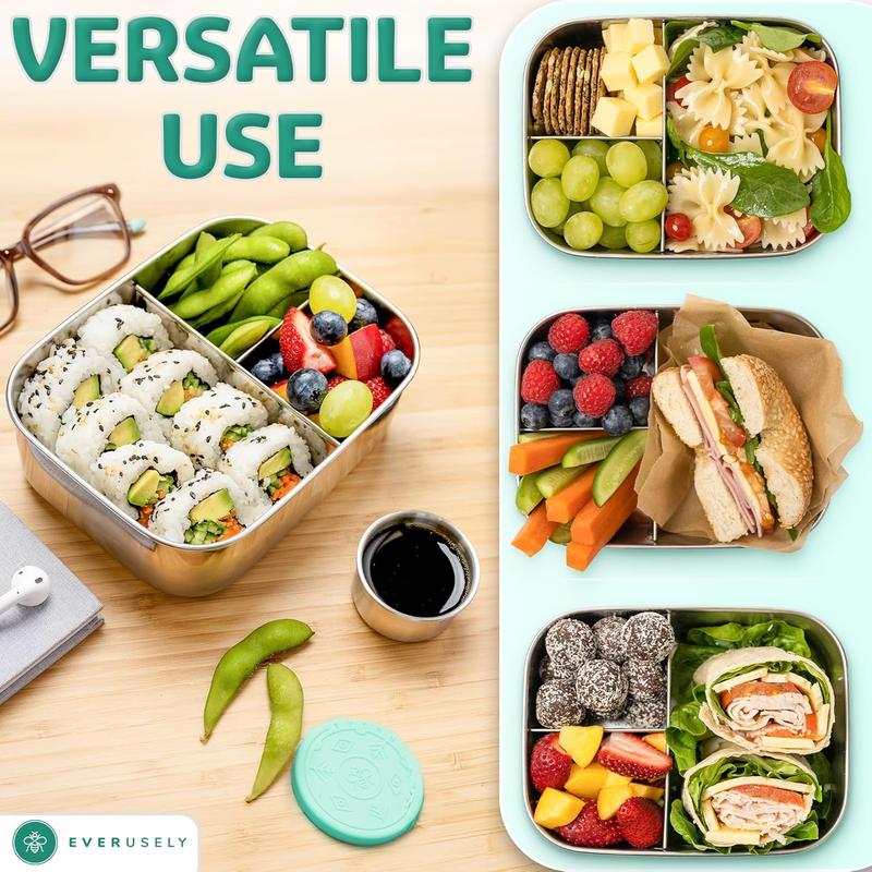 Everusely Stainless Steel Bento Box - 27oz / 0.8L - 3 Compartment Snack Organizer with Leakproof Condiment Container - Eco-Friendly & Dishwasher Safe Lunch Box