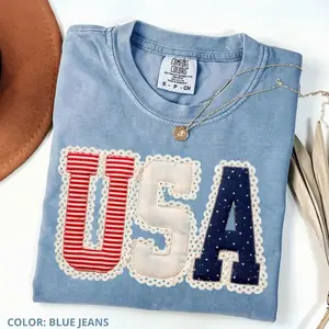 Comfort Colors (PRINT NOT EMBROIDERED) Faux Patchwork Preppy 4th of July Shirt, Coquette USA Tee, Patriotic Retro Independence Day Shirt, Girly USA T-shirt, Trending 4th of July Day, Men's Graphic Tees, Comfortable Menswear, Perfect Gift For Men, May2